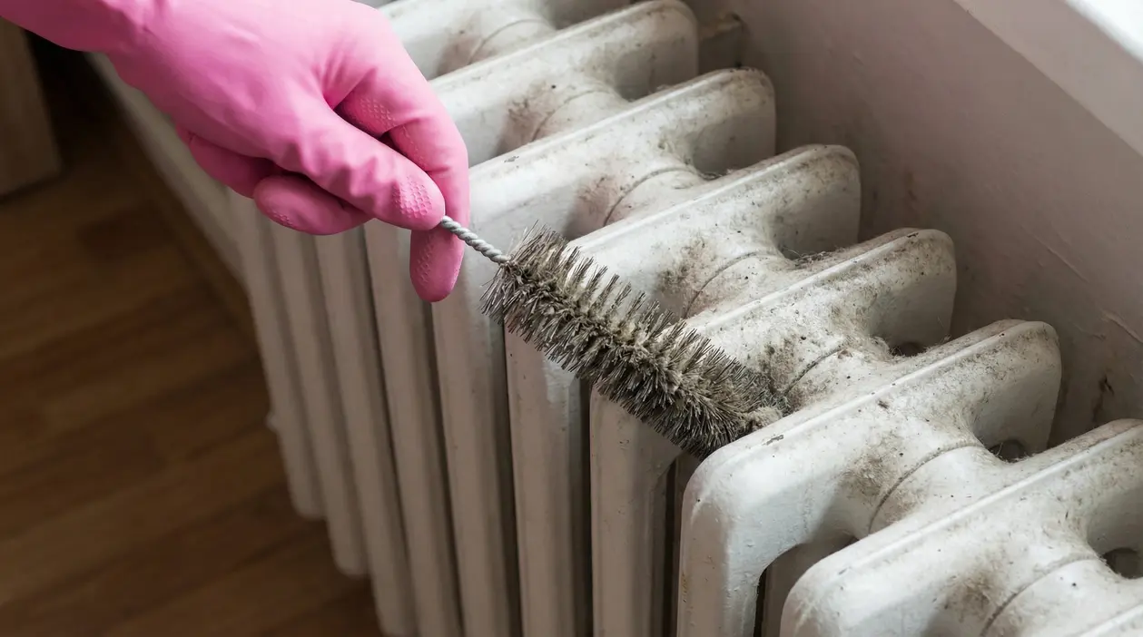 Mano con guanto rosa che pulisce un termosifone in ghisa sporco di polvere con una spazzola
