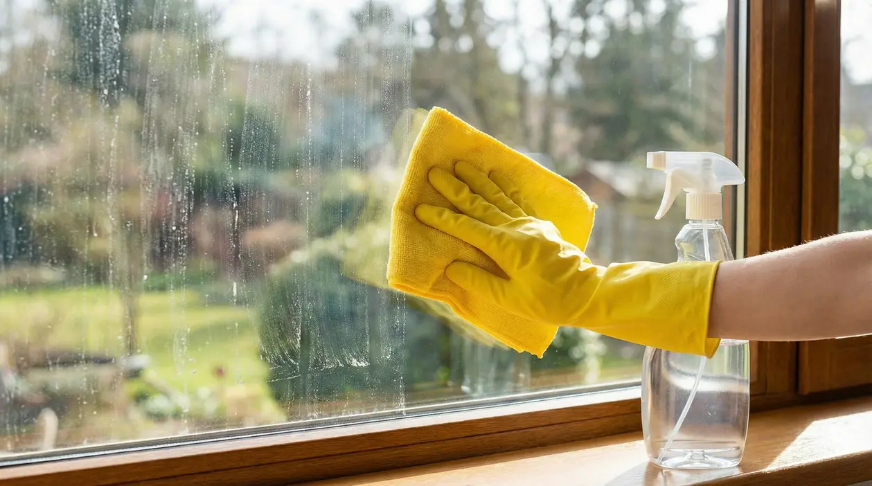 Una mano con guanto giallo pulisce il vetro di una finestra con un panno e uno spray