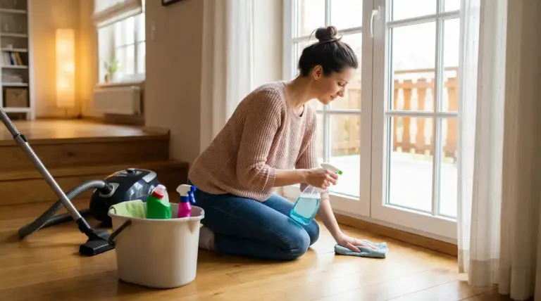 Una persona pulisce i vetri di una porta finestra con un panno e uno spray detergente