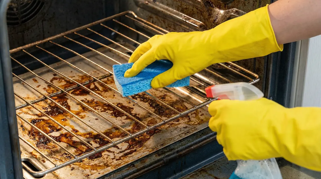 Una persona pulisce l'interno di un forno sporco con una spugna e guanti gialli