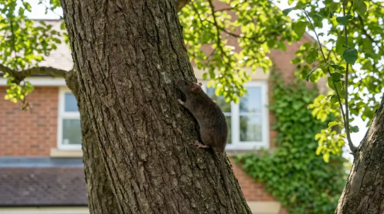 Un ratto si arrampica sul tronco di un albero in un giardino vicino a una casa.