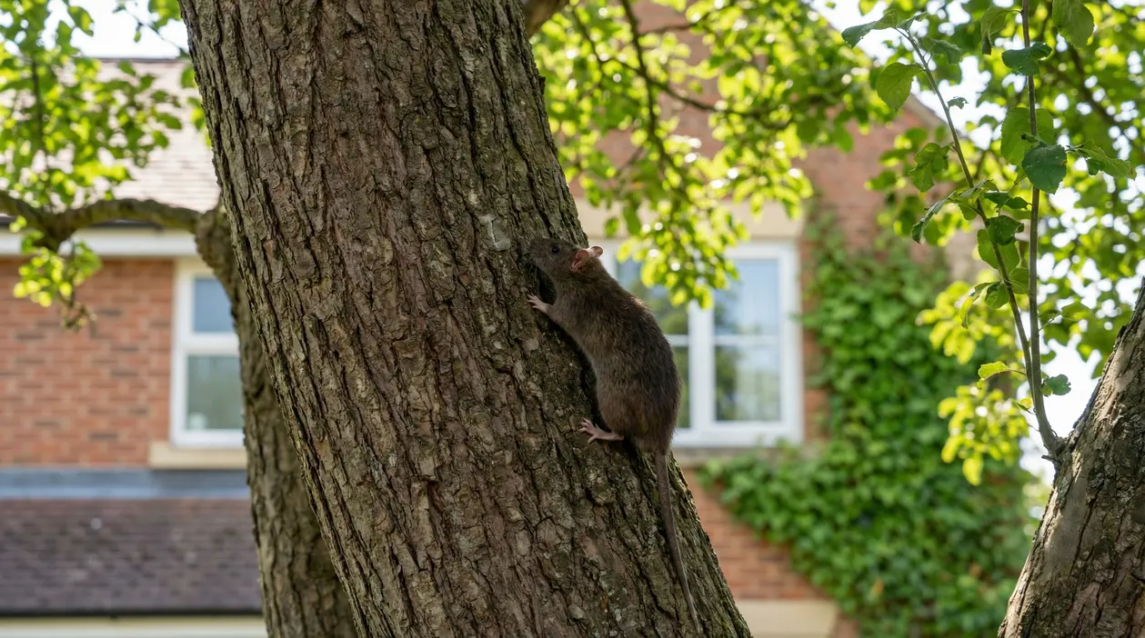 Un ratto si arrampica sul tronco di un albero in un giardino vicino a una casa.