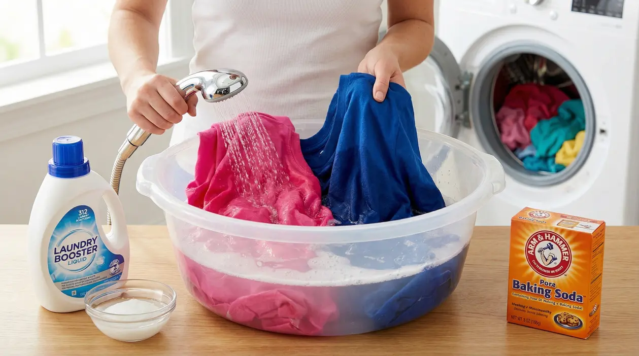 Una persona lava a mano t-shirt colorate in una bacinella con detersivo e bicarbonato.