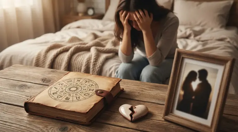 Donna seduta sul letto con la testa tra le mani accanto a un libro astrologico e un cuore spezzato