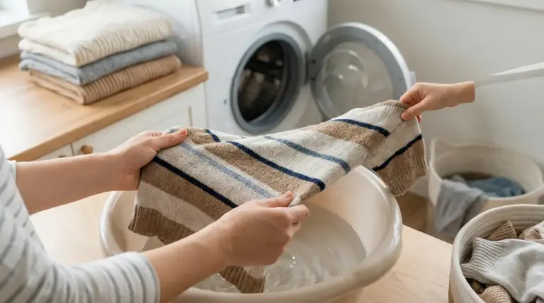 Persona che immerge un maglione ristretto in una bacinella d'acqua per tentare di recuperarlo