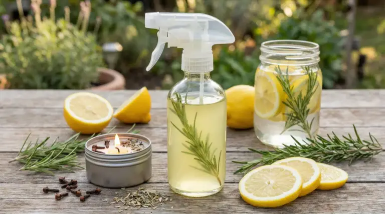 Spray naturale contro gli insetti con limone e rosmarino su un tavolo all'aperto