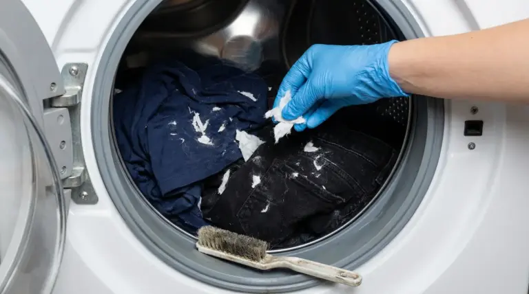 Residui di fazzoletti su vestiti scuri all'interno di una lavatrice aperta