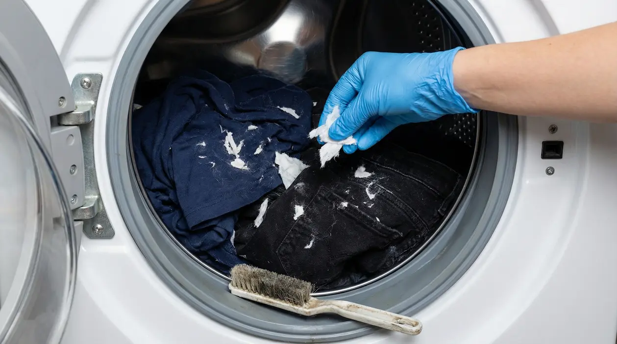 Residui di fazzoletti su vestiti scuri all'interno di una lavatrice aperta