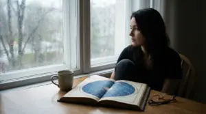 Una persona guarda fuori dalla finestra accanto a un libro di astrologia aperto su un tavolo