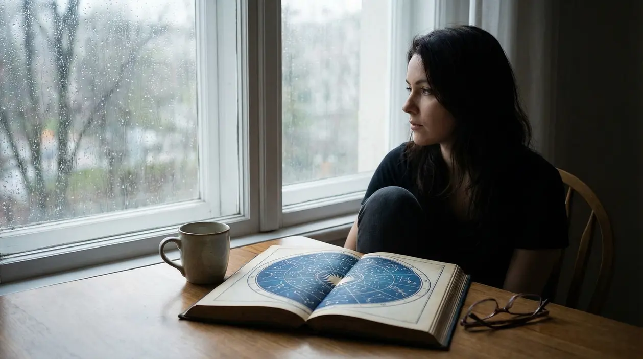 Una persona guarda fuori dalla finestra accanto a un libro di astrologia aperto su un tavolo