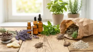 Rimedi naturali contro le cimici con erbe, oli essenziali e insetti su un tavolo di legno