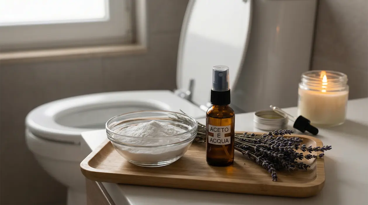 Vassoio con bicchiere di bicarbonato, spray all'aceto, lavanda e candela accanto a un WC
