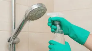 Una mano con guanto verde pulisce un soffione della doccia con uno spray anticalcare