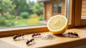 Formiche vicino a sale grosso e mezzo limone su un davanzale di legno