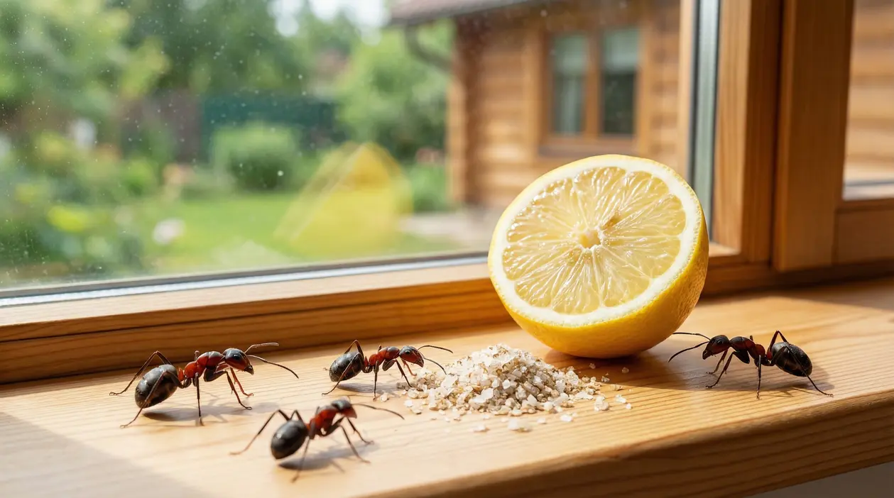 Formiche vicino a sale grosso e mezzo limone su un davanzale di legno