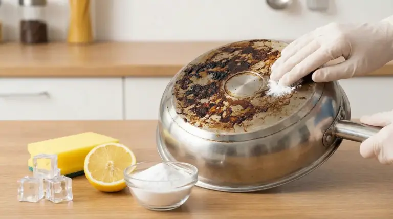 Mano con guanto pulisce una padella incrostata usando bicarbonato e rimedi naturali su un piano da cucina.