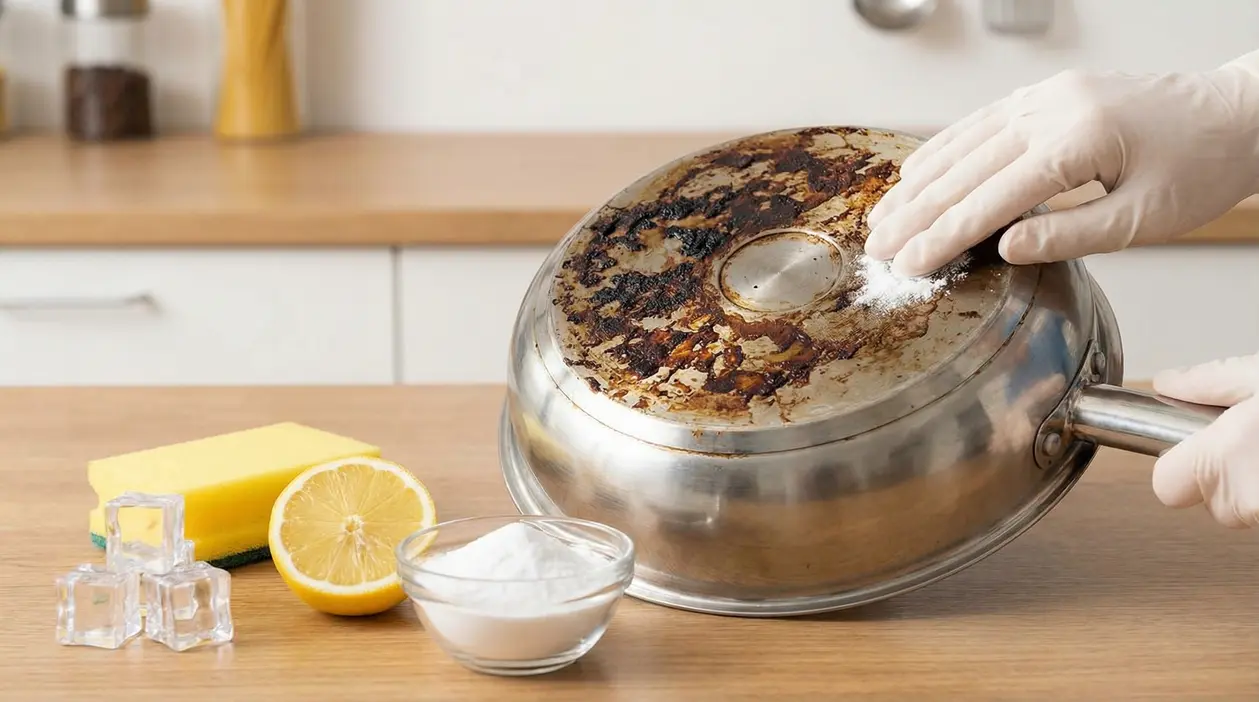 Mano con guanto pulisce una padella incrostata usando bicarbonato e rimedi naturali su un piano da cucina.