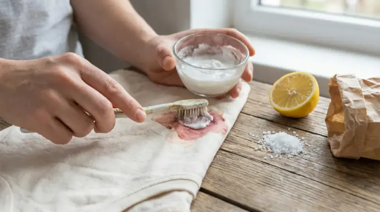 Mano che applica rimedio naturale su una macchia di vino su una maglietta chiara