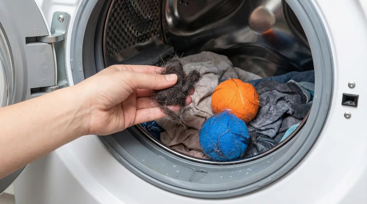 Mano che estrae peli da una lavatrice contenente palline rimuovipeli e vestiti