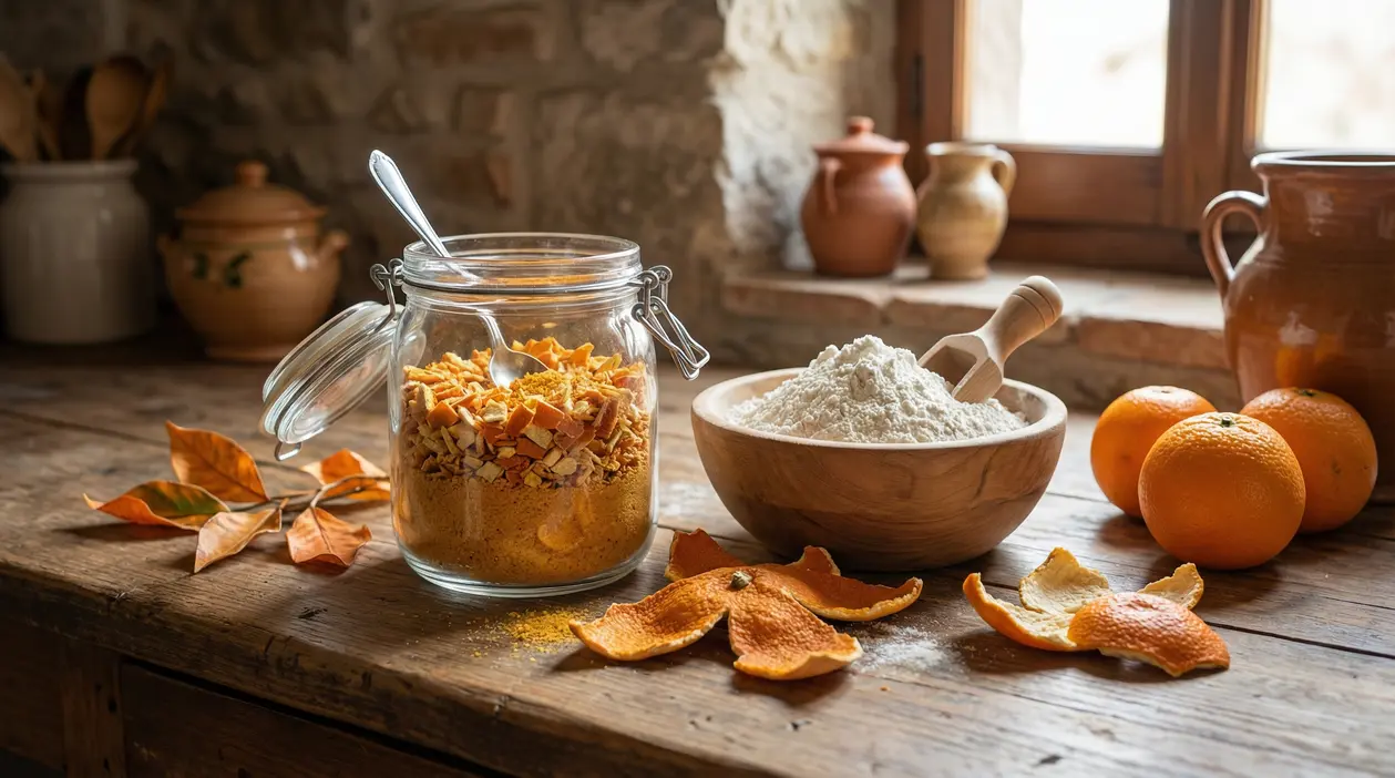 Bucce d'arancia essiccate in un barattolo e farina in una ciotola di legno su un tavolo rustico