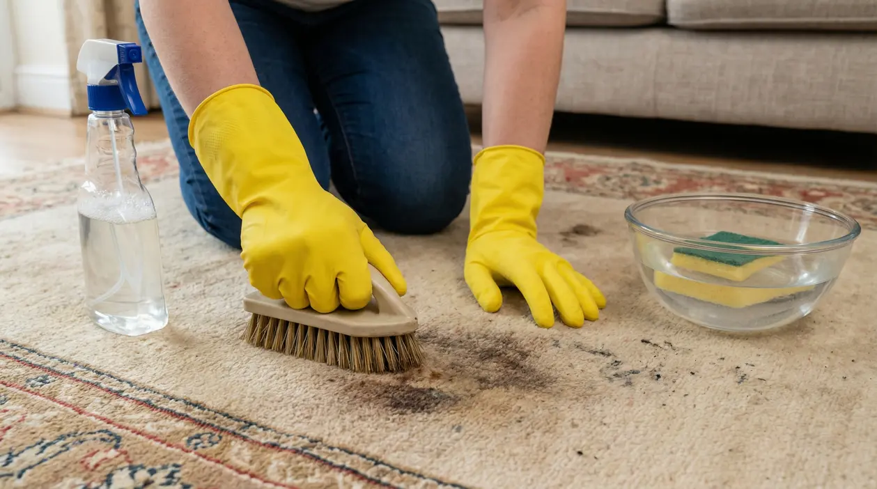Persona pulisce un tappeto macchiato con guanti gialli, spazzola e prodotti casalinghi