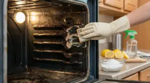 Pulizia di un forno incrostato con spugna e rimedi naturali in cucina