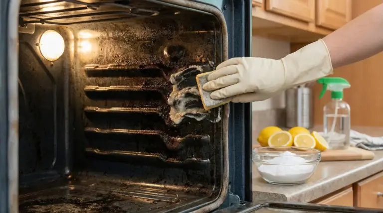 Pulizia di un forno incrostato con spugna e rimedi naturali in cucina