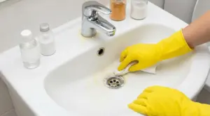 Mani con guanti gialli puliscono il lavandino del bagno da macchie di calcare