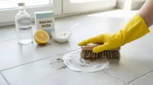 Una mano con guanto giallo pulisce una macchia sul pavimento con spazzola e bicarbonato