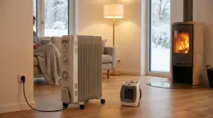 Stufa elettrica e termoconvettore accesi in un soggiorno moderno durante l'inverno