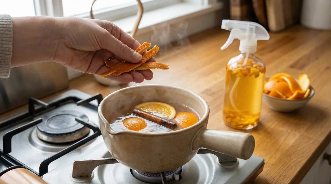 Mano che aggiunge bucce d’arancia in un pentolino con acqua, arancia e cannella sul fornello