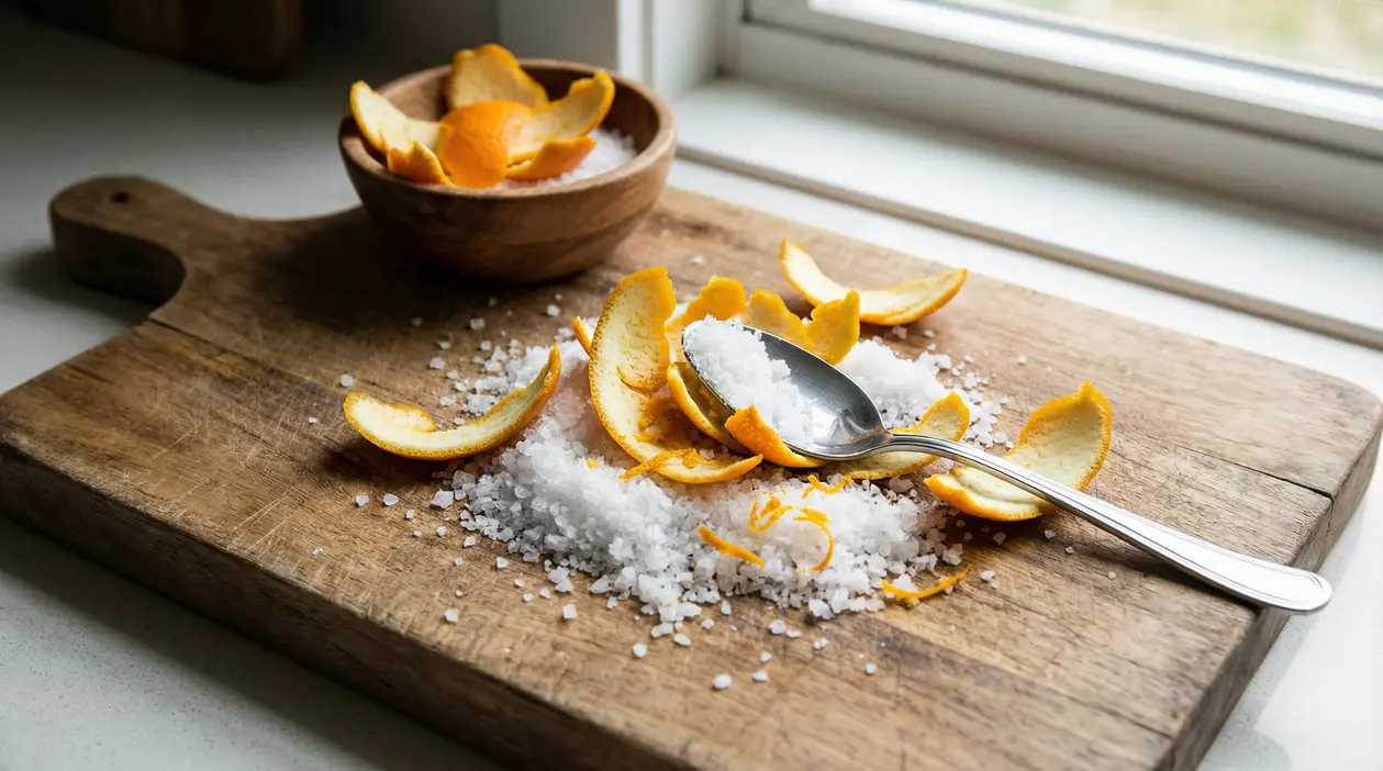 Bucce d’arancia e sale grosso su un tagliere di legno con un cucchiaio