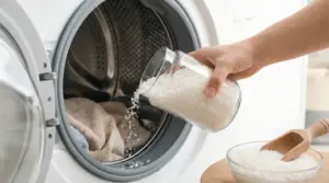 Una mano versa del sale grosso in una lavatrice aperta con asciugamani all'interno