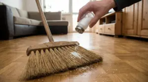 Mano che cosparge sale su una scopa di saggina per pulire un pavimento in legno