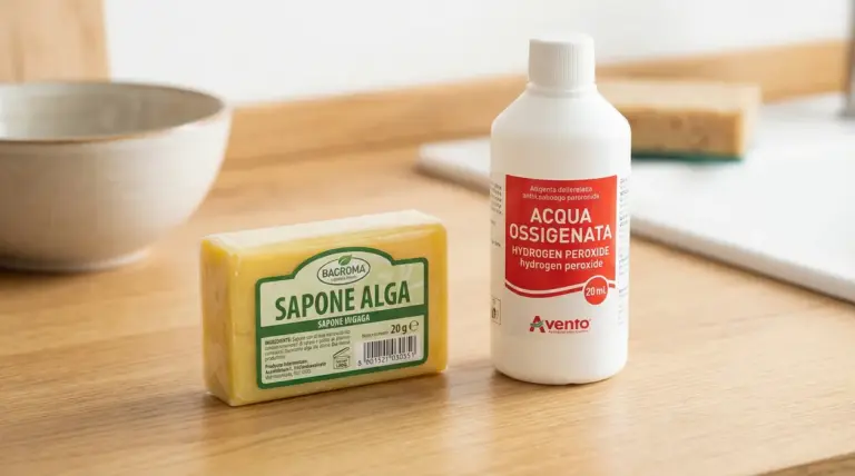 Una confezione di sapone Alga e un flacone di acqua ossigenata su un ripiano di cucina
