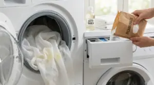 Tenda ingiallita in lavatrice con bicarbonato e aceto bianco sullo sfondo