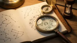 Un libro aperto con segni zodiacali, una lente d'ingrandimento e una clessidra su un tavolo in legno