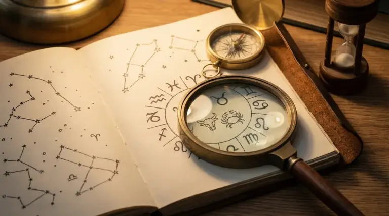 Un libro aperto con segni zodiacali, una lente d'ingrandimento e una clessidra su un tavolo in legno