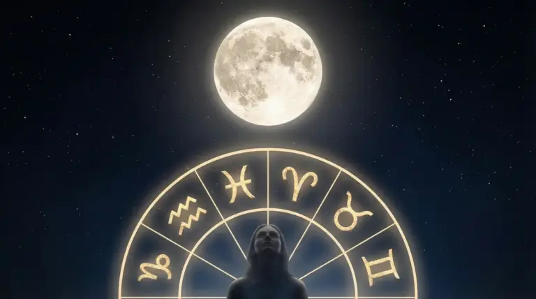 Una persona guarda la Luna piena sopra simboli zodiacali illuminati