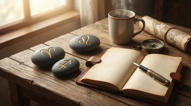Tre pietre con simboli zodiacali su un tavolo di legno accanto a un taccuino e una tazza di caffè