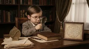 Un bambino in abiti seri osserva con una lente d'ingrandimento un libro di astrologia su una scrivania