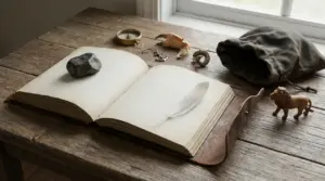 Libro aperto con oggetti simbolici su un tavolo di legno, tra cui una piuma e una statuetta di leone