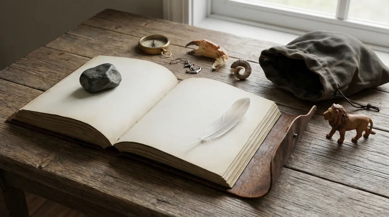 Libro aperto con oggetti simbolici su un tavolo di legno, tra cui una piuma e una statuetta di leone