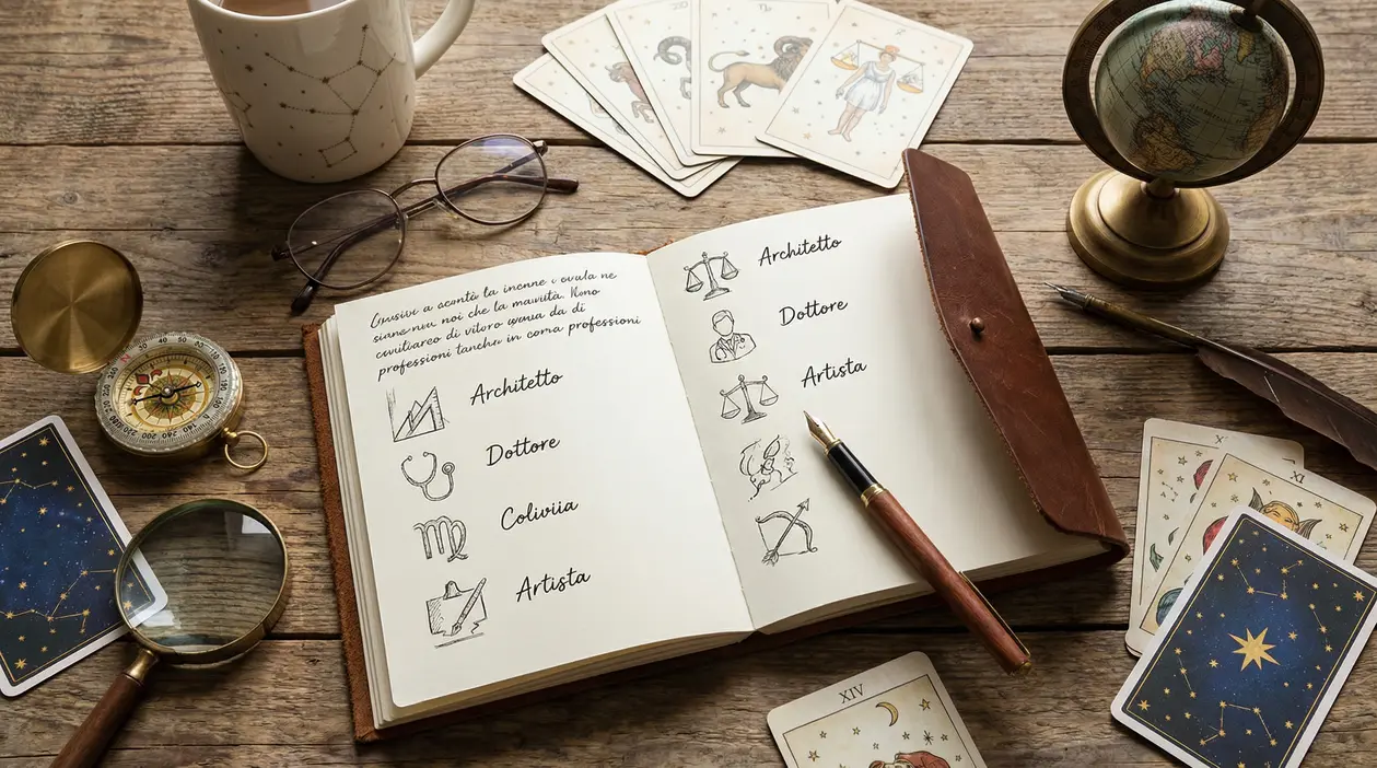 Taccuino aperto con segni zodiacali e professioni suggerite su un tavolo con carte astrologiche e oggetti vintage