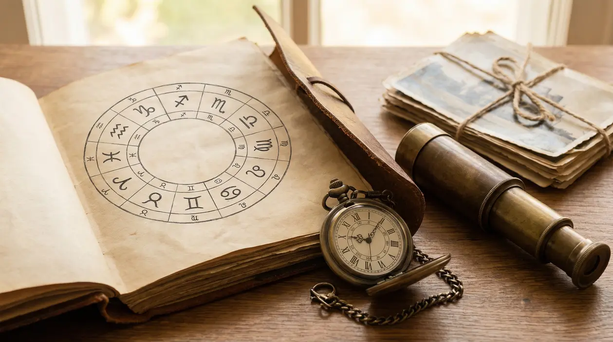 Libro aperto con simboli zodiacali accanto a un orologio da tasca e oggetti vintage su un tavolo