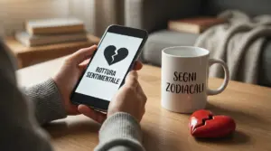 Persona tiene uno smartphone con un'illustrazione di cuore spezzato accanto a una tazza con scritto segni zodiacali