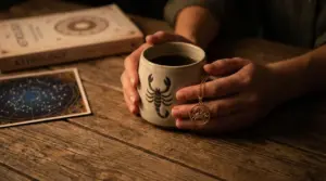 Una persona tiene una tazza con simbolo dello Scorpione accanto a un libro di astrologia e una carta zodiacale