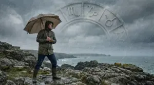 Una persona con ombrello sotto la pioggia su una scogliera, con simboli zodiacali sullo sfondo