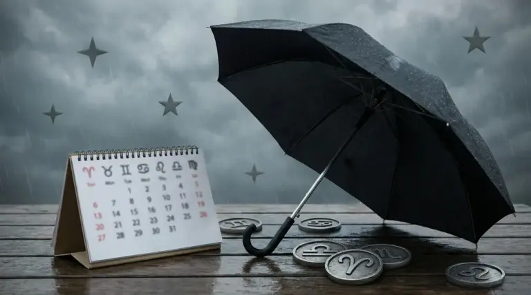 Ombrello nero aperto vicino a un calendario e simboli zodiacali sotto la pioggia