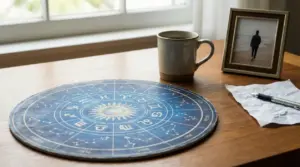 Tavolo con ruota zodiacale, tazza, foto incorniciata e foglio stropicciato con penna